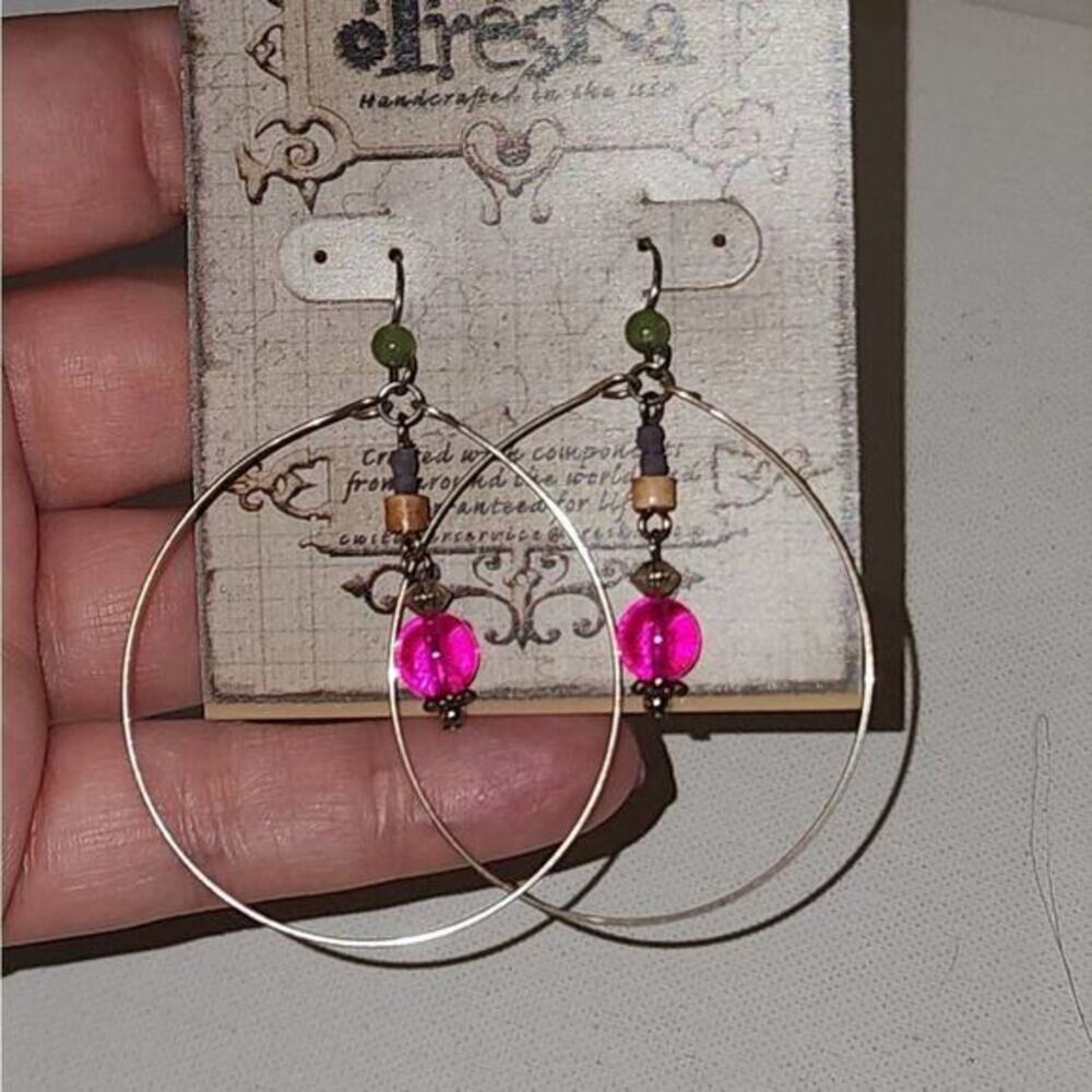Treska Handcrafted Beaded Hoop Earrings Pink Fuchsia Silver Tone Boho Dangle USA